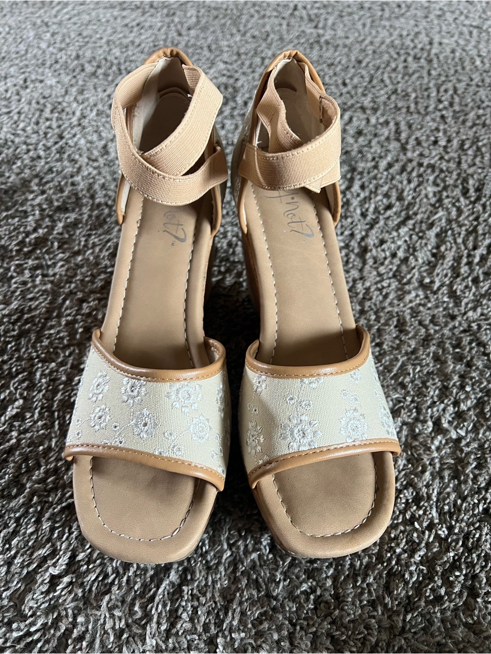 Cream Embroidered Ankle-Strap Heels with Tan Trim
